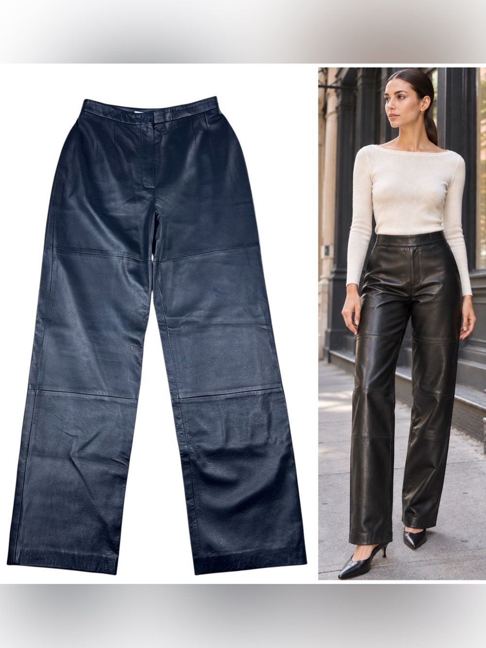 Max Mara Leather High Rise Straight Leg Pants 10 Quiet Luxury Minimalist Italy